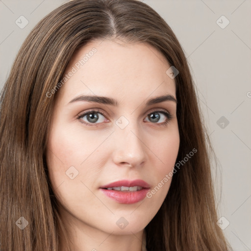 Neutral white young-adult female with long  brown hair and brown eyes