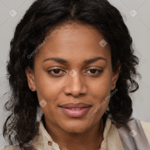 Joyful black young-adult female with medium  brown hair and brown eyes