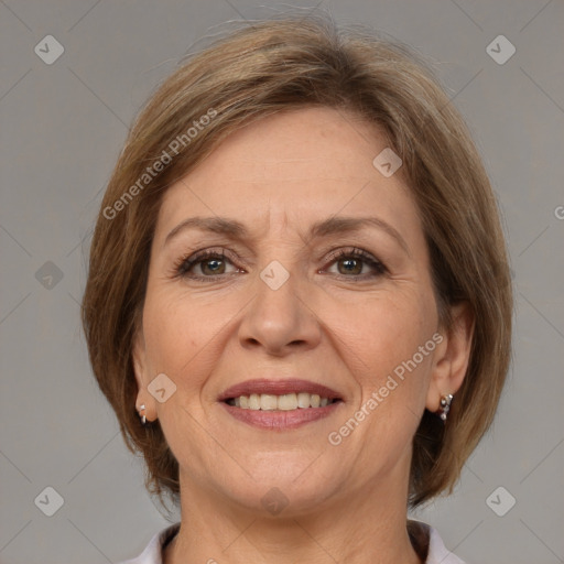 Joyful white adult female with medium  brown hair and grey eyes