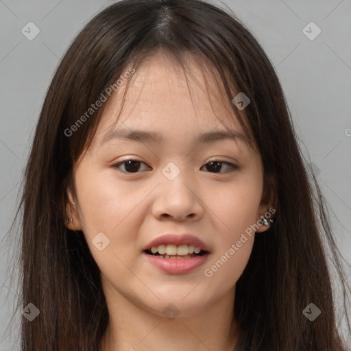 Joyful asian young-adult female with long  brown hair and brown eyes