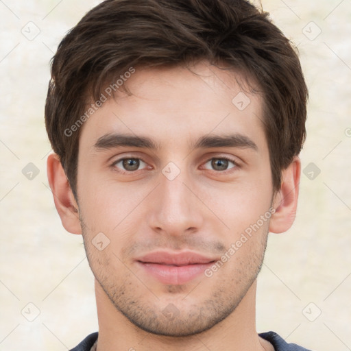 Neutral white young-adult male with short  brown hair and brown eyes