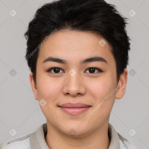 Joyful asian young-adult female with short  brown hair and brown eyes