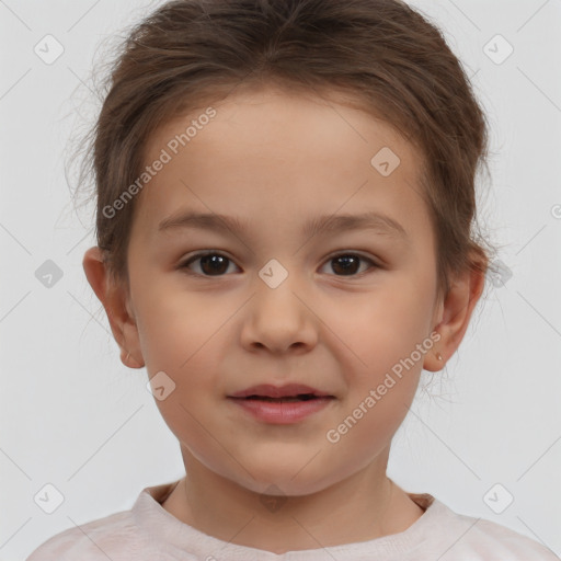 Joyful white child female with short  brown hair and brown eyes