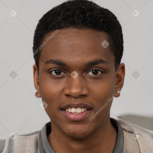 Joyful black young-adult male with short  brown hair and brown eyes