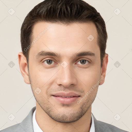 Joyful white young-adult male with short  brown hair and brown eyes