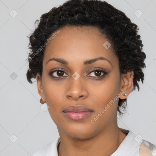 Neutral black young-adult female with short  black hair and brown eyes