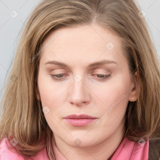 Joyful white young-adult female with long  brown hair and blue eyes