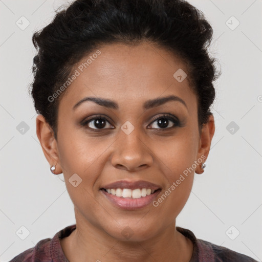 Joyful latino young-adult female with short  brown hair and brown eyes