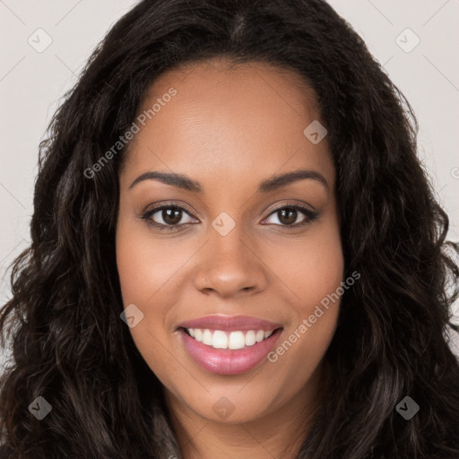 Joyful white young-adult female with long  brown hair and brown eyes