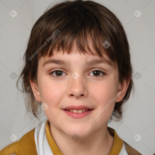 Joyful white child female with medium  brown hair and brown eyes