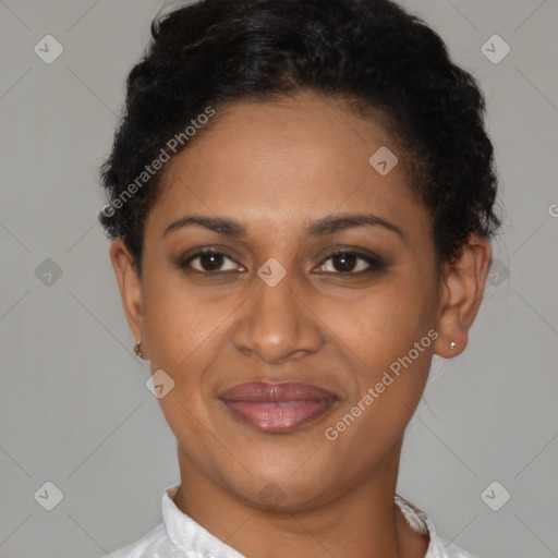 Joyful latino young-adult female with short  brown hair and brown eyes