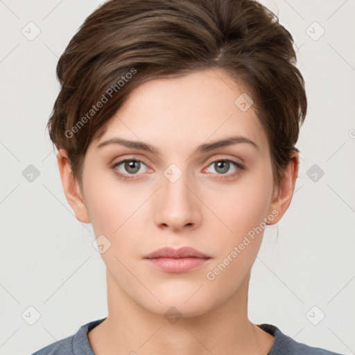 Neutral white young-adult female with short  brown hair and brown eyes