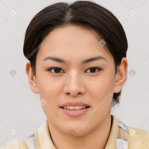 Joyful asian young-adult female with short  brown hair and brown eyes