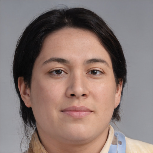 Neutral asian young-adult female with medium  brown hair and brown eyes