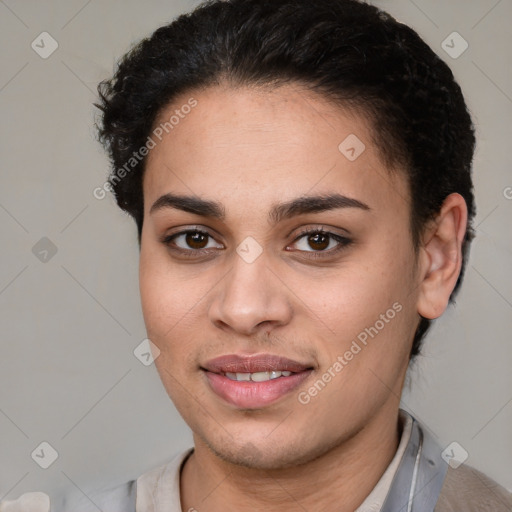 Joyful latino young-adult female with short  brown hair and brown eyes