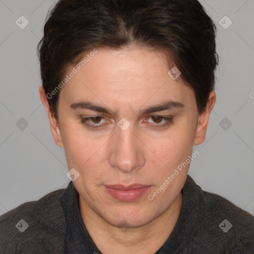 Joyful white adult female with short  brown hair and brown eyes