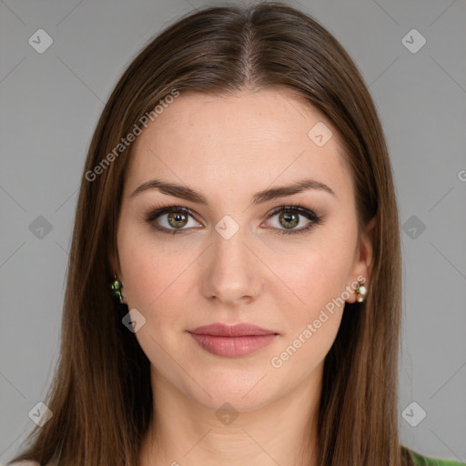 Joyful white young-adult female with long  brown hair and green eyes