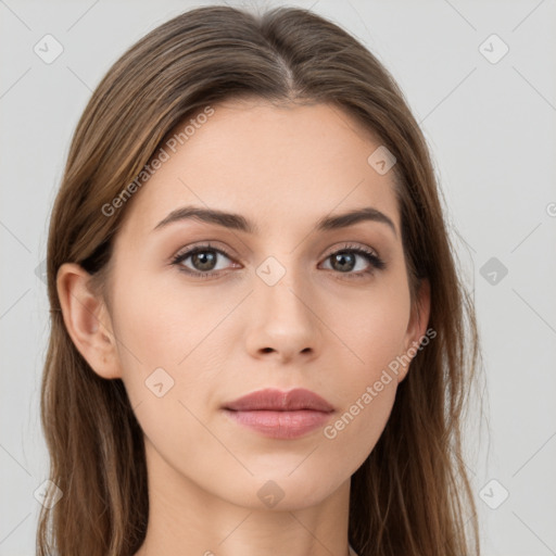 Neutral white young-adult female with long  brown hair and brown eyes