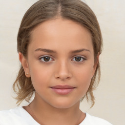 Joyful white child female with medium  brown hair and brown eyes