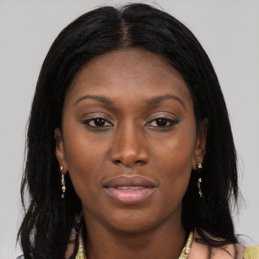 Neutral asian young-adult female with long  black hair and brown eyes
