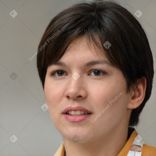 Joyful white young-adult female with medium  brown hair and brown eyes