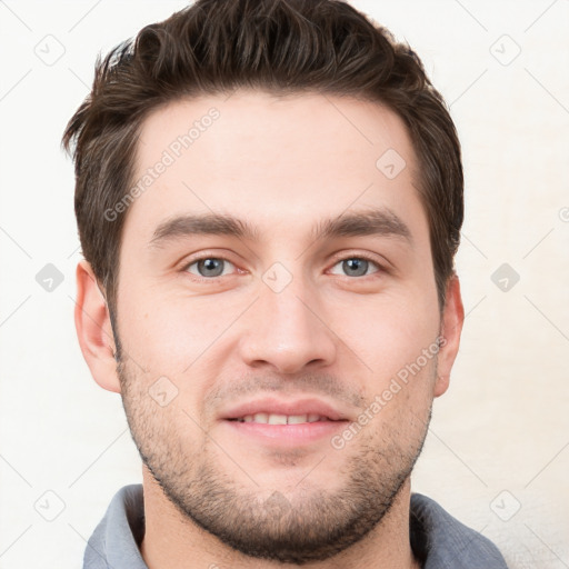 Neutral white young-adult male with short  brown hair and grey eyes