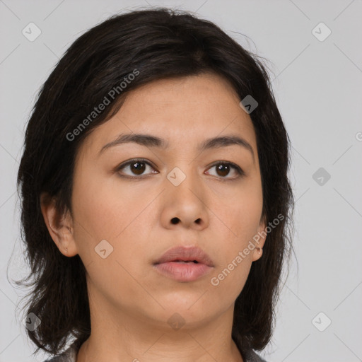 Neutral asian young-adult female with medium  brown hair and brown eyes