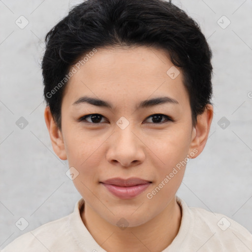 Joyful asian young-adult female with short  brown hair and brown eyes