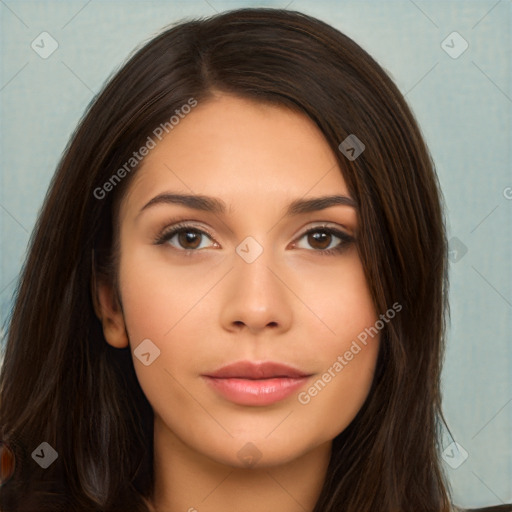 Neutral white young-adult female with long  brown hair and brown eyes