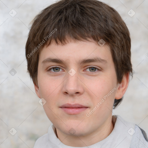 Neutral white young-adult male with short  brown hair and grey eyes