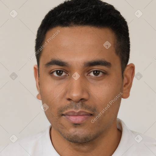 Neutral latino young-adult male with short  black hair and brown eyes