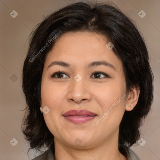 Joyful white adult female with medium  brown hair and brown eyes