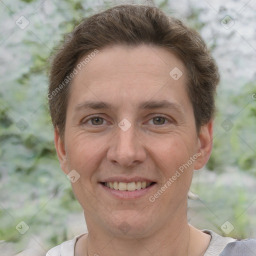 Joyful white adult female with short  brown hair and brown eyes