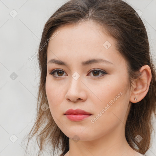 Neutral white young-adult female with long  brown hair and brown eyes