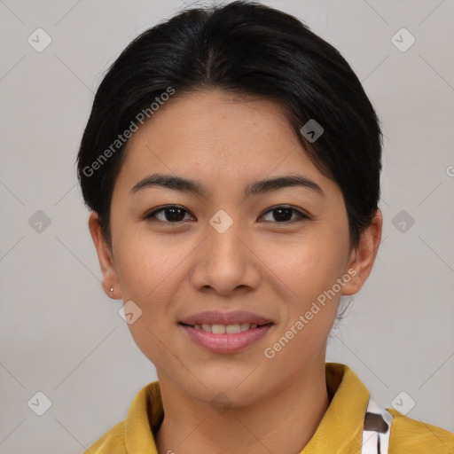 Joyful asian young-adult female with short  brown hair and brown eyes