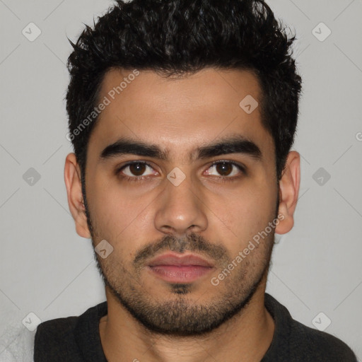 Neutral latino young-adult male with short  black hair and brown eyes