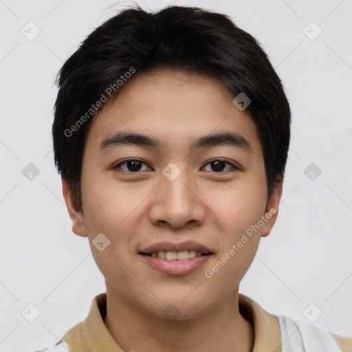 Joyful asian young-adult male with short  brown hair and brown eyes