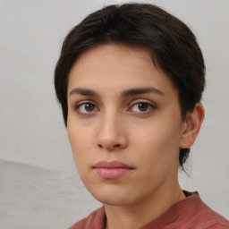 Neutral white young-adult female with short  brown hair and brown eyes