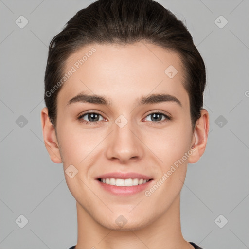 Joyful white young-adult female with short  brown hair and brown eyes