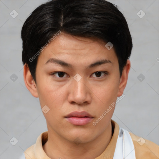 Neutral asian young-adult female with short  brown hair and brown eyes