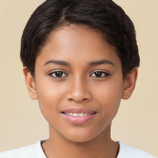 Joyful white child female with short  brown hair and brown eyes