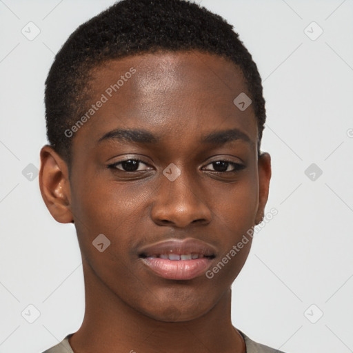 Joyful black young-adult male with short  brown hair and brown eyes