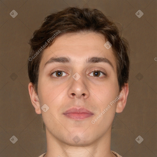 Neutral white young-adult male with short  brown hair and brown eyes