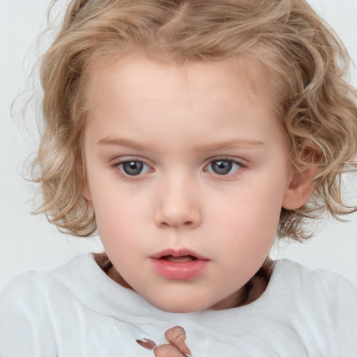 Neutral white child female with medium  brown hair and blue eyes