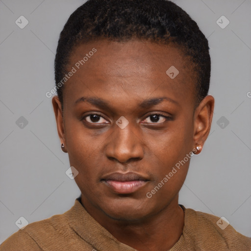 Neutral black young-adult female with short  black hair and brown eyes