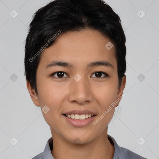 Joyful asian young-adult female with short  black hair and brown eyes