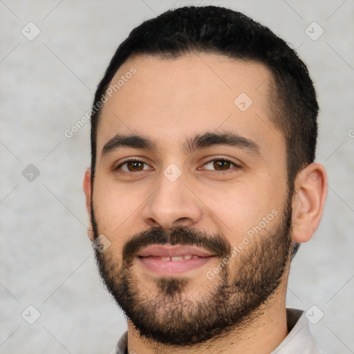 Neutral white young-adult male with short  black hair and brown eyes