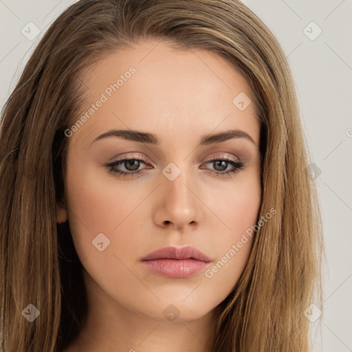 Neutral white young-adult female with long  brown hair and brown eyes