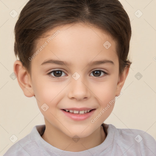 Joyful white child female with short  brown hair and brown eyes