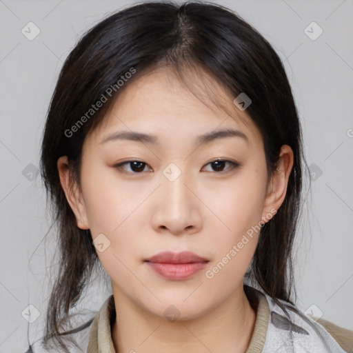 Neutral asian young-adult female with medium  brown hair and brown eyes